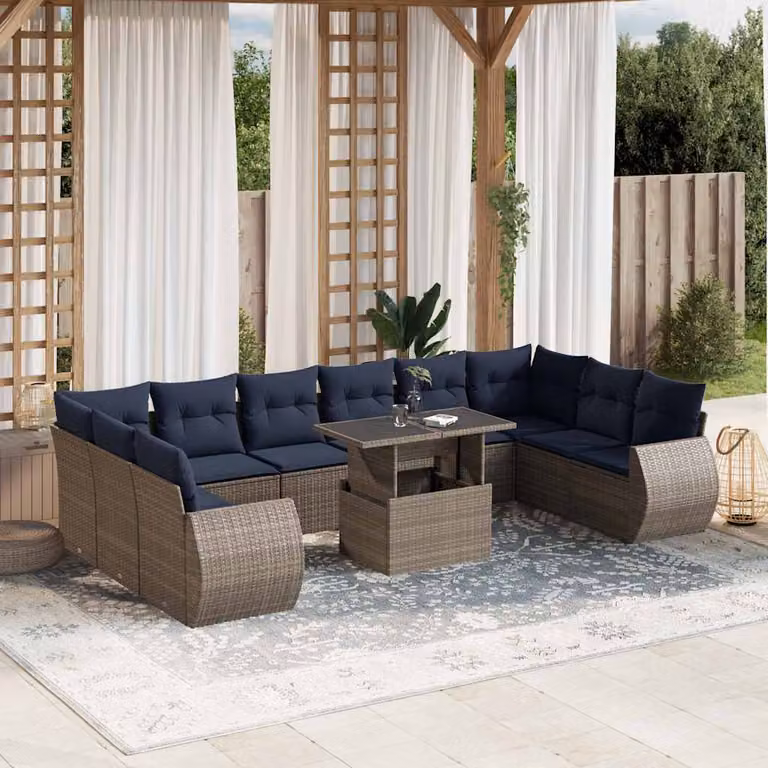 Set di divani da giardino vidaXL 11 pz in rattan con cuscini e tavolino da esterno, colore grigio e blu, design moderno a L con struttura in metallo e vetro