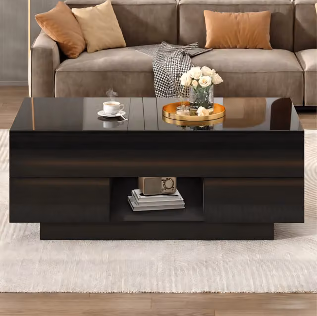 Tavolino da caffè nero in pannelli truciolari 100x45x43 cm con piano regolabile in altezza, 2 cassetti e illuminazione LED