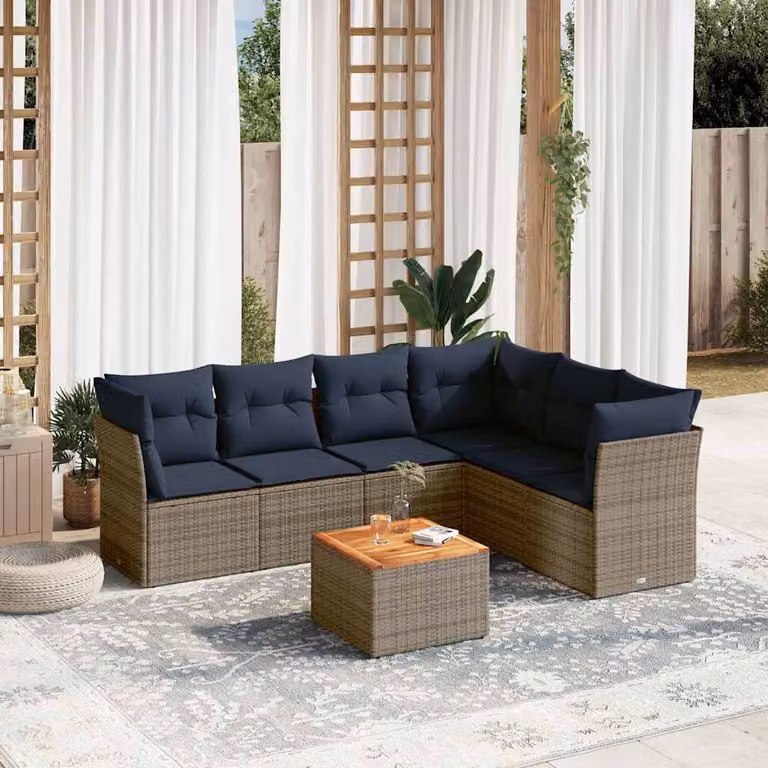 vidaXL Set Divani da Giardino 7 pz a Forma a L in Polyrattan con Cuscini Blu e Grigio e Tavolino da Caffè