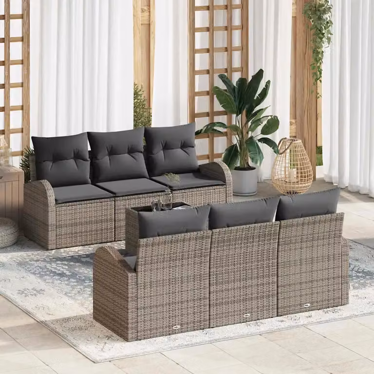 Set Divano da Giardino vidaXL a Forma di L in Polyrattan Grigio con 7 Pezzi e Cuscini