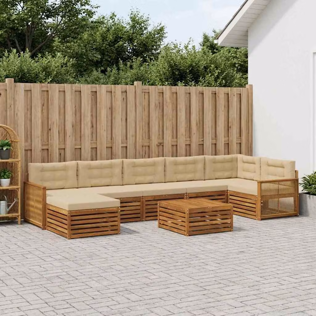 Set di divani da esterno vidaXL 8 pz in legno di acacia con pouf e tavolino, colore beige e marrone