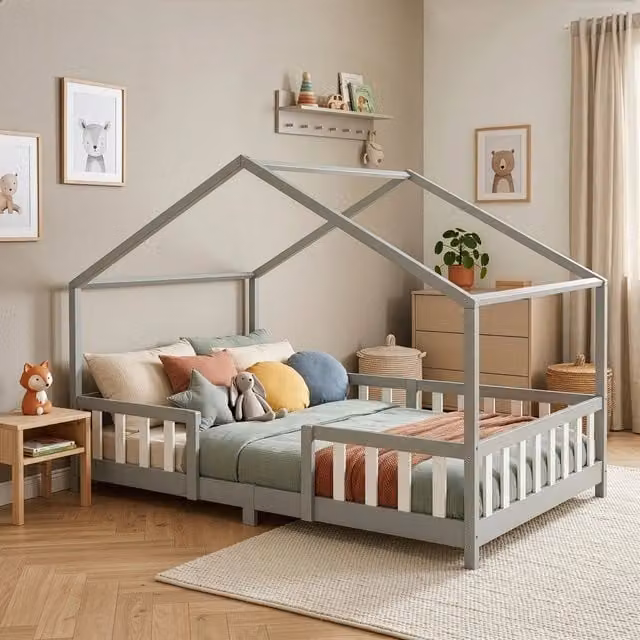 Letto per Cameretta Treviolo a Forma di Casetta in Stile Montessori 120x200 cm Grigio Chiaro/Bianco [en.casa]