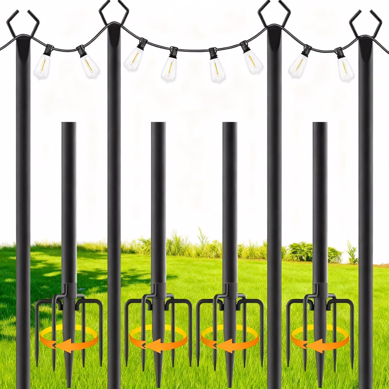 Set di 4 pali in metallo per illuminazione esterna, lunghezza 3 metri, con supporti robusti