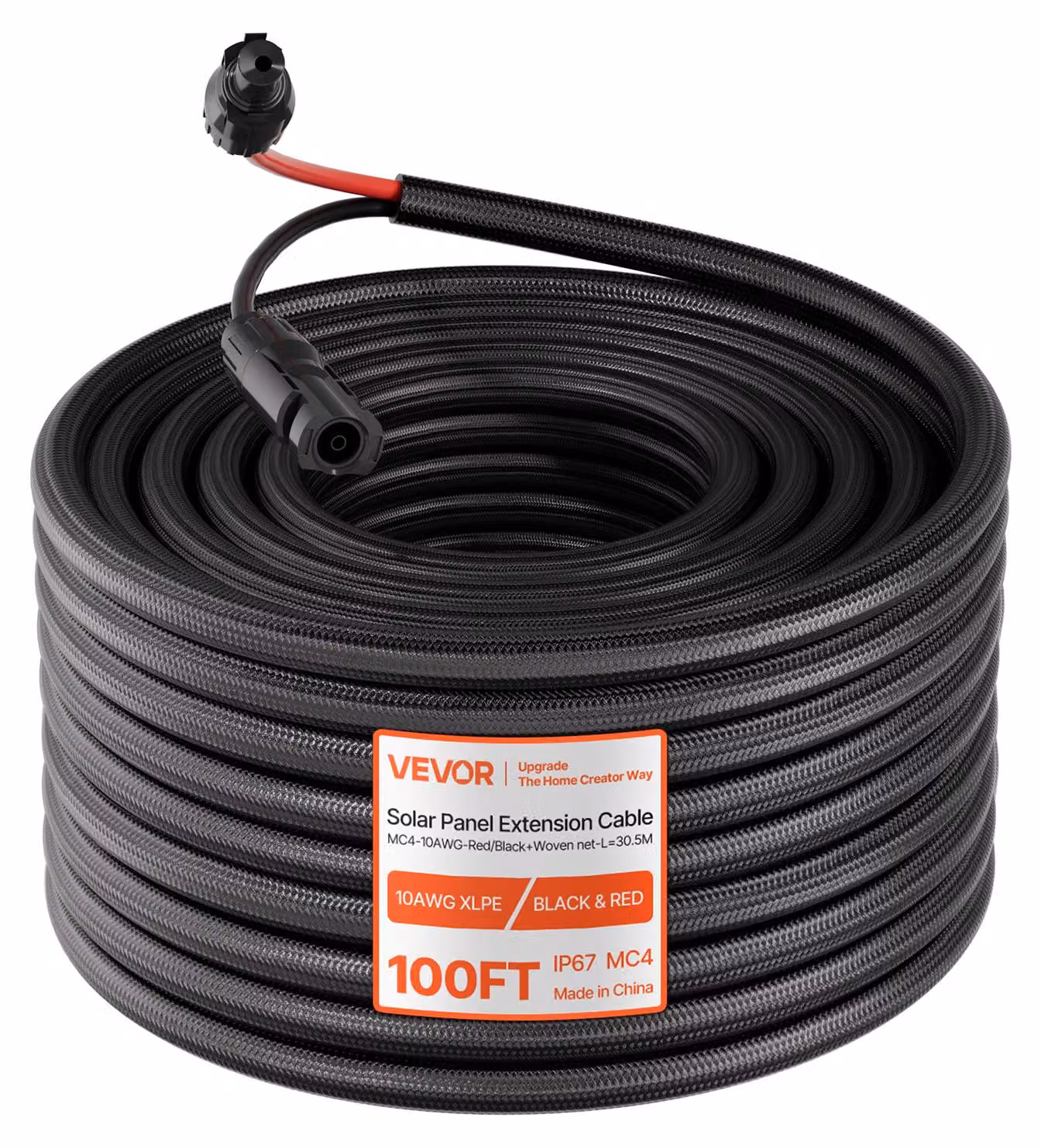 Prolunga per cavo solare VEVOR da 30,5 m, 10 AWG, cavo di prolunga solare con guaina protettiva ignifuga, connettori maschio e femmina, cavo fotovoltaico impermeabile IP67, cavo solare per auto e camper, nero e rosso