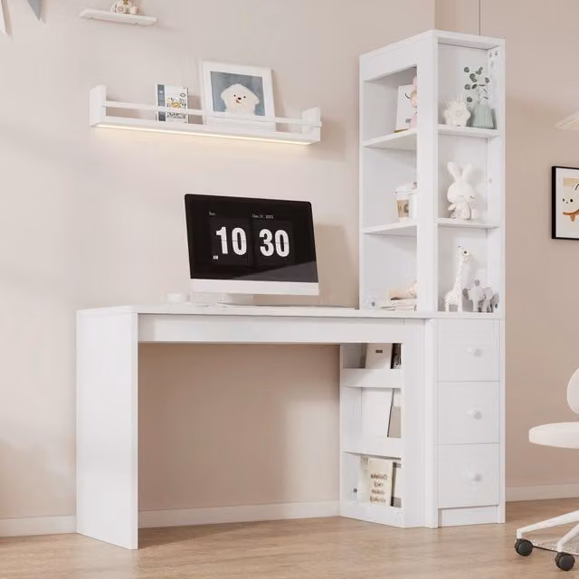 Scrivania con libreria 3 cassetti e armadietto laterale in MDF bianco con piano da 120 cm