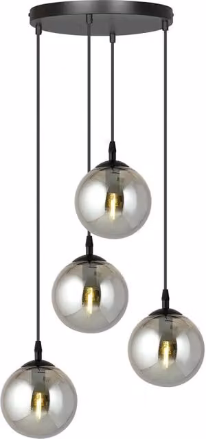Lampada a sospensione Okami Luceart-Classic con 4 luci in vetro trasparente e struttura in metallo nero con altezza regolabile