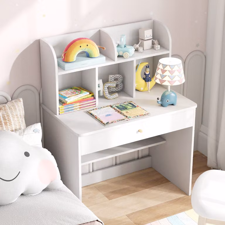 Scrivania per bambini Costway in legno bianco con mensola e cassetto, L: 80 cm, P: 48 cm, H: 102 cm