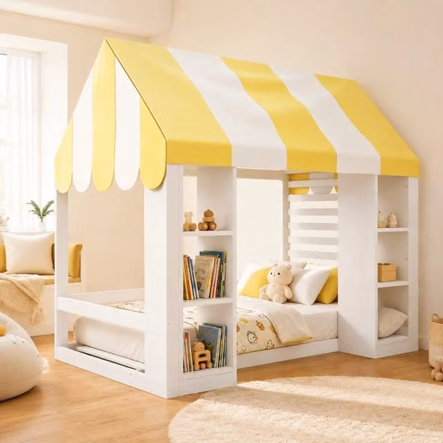 Letto per bambini in legno con baldacchino e 2 vani aperti; 90 x 200 cm; bianco