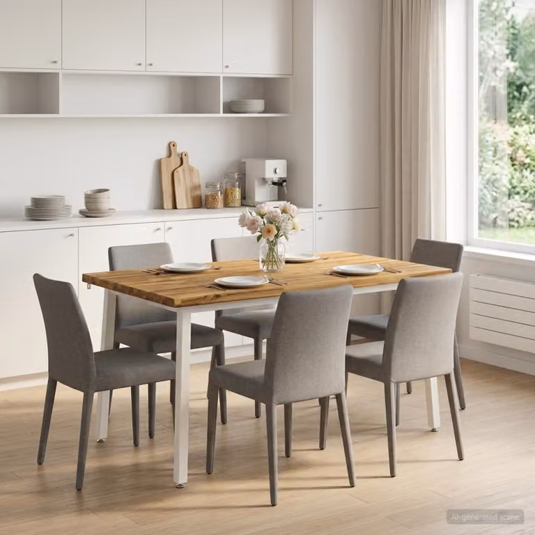 vidaXL Tavolo da pranzo moderno rettangolare in legno di acacia con bordo vivo e gambe in metallo, Bianco, L: 140 cm, P: 90 cm, H: 75 cm
