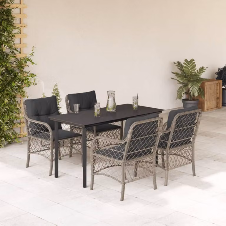 Set Pranzo da Giardino vidaXL in Polyrattan con Tavolo in Vetro e 5 Sedute con Cuscini Grigio Chiaro