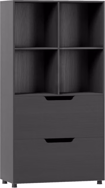 Libreria moderna DESIGN IN a 4 cubi con 2 cassetti in legno e metallo nera per soggiorno o ufficio domestico – 1