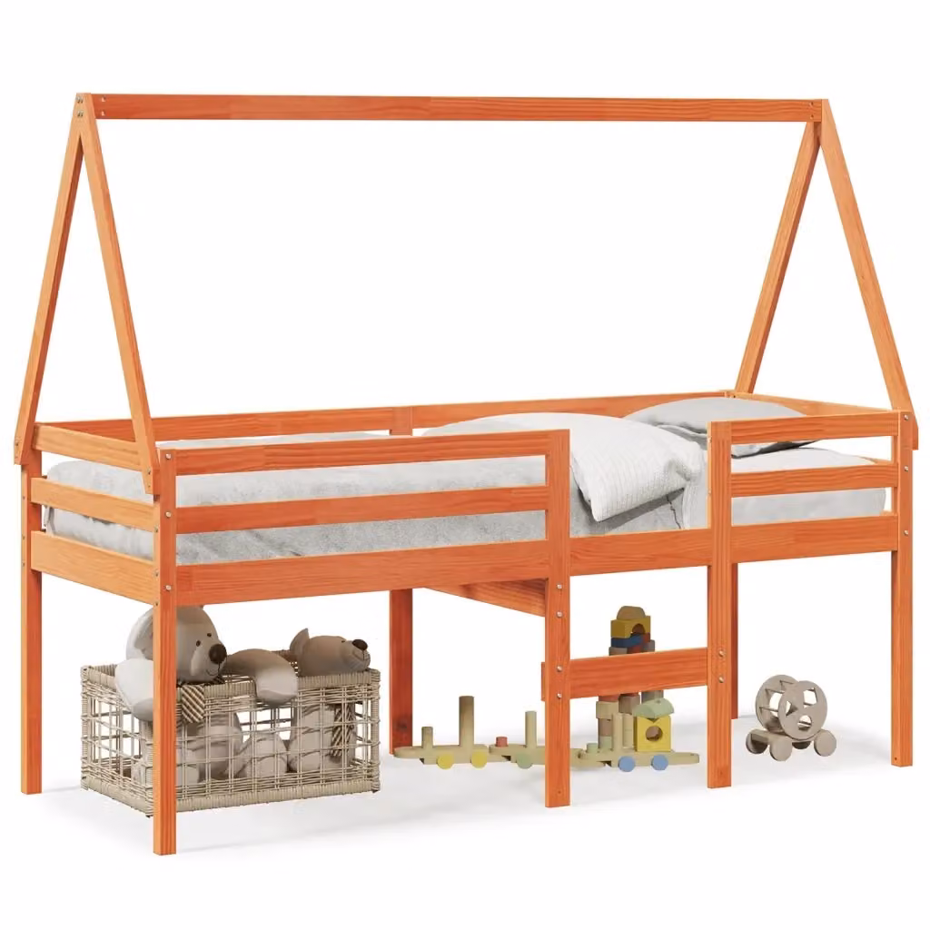 Letto a soppalco singolo vidaXL in legno di pino con tetto a casetta, colore marrone, L 200 x P 80 x H 151 cm – 2