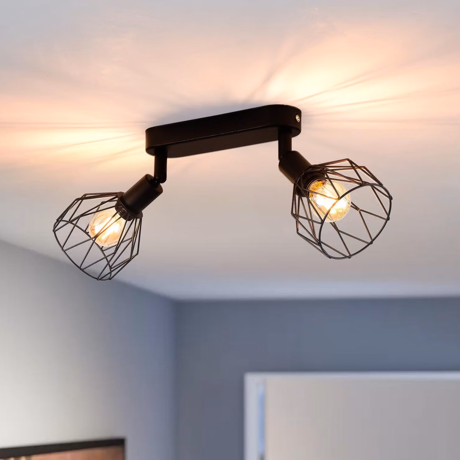 ANWIO Lampada da soffitto a 2 luci, colore nero, attacco E14, girevole. Lampada da soffitto vintage, colore nero. Faretti a soffitto LED. Lampada a LED per soggiorno o cameretta (senza lampadine). EUC-EA