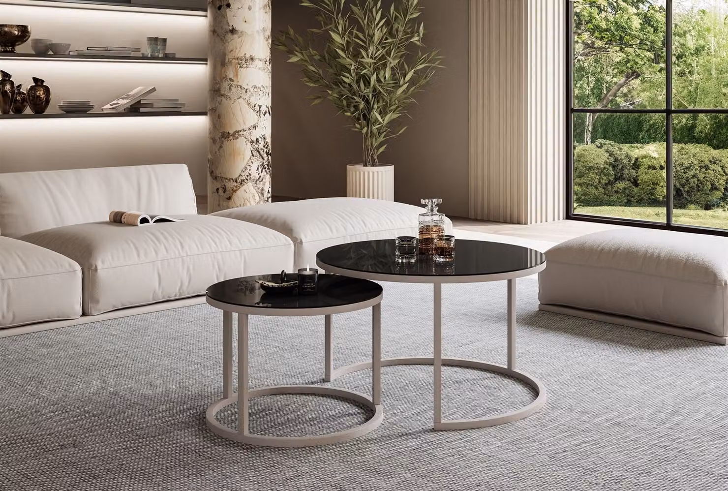 Tavolino rotondo CIRI 2in1 Cashmere / Vetro Nero