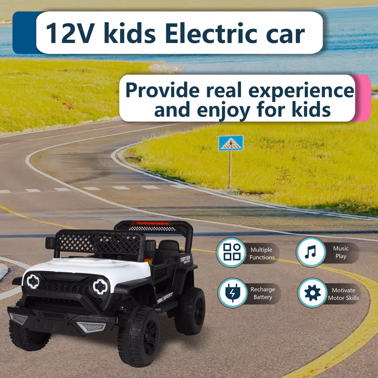 Auto elettrica per bambini Aosom 12V con telecomando per genitori e modalità manuale, Bianco, L: 96 cm, P: 59,2 cm, H: 58 cm – 2
