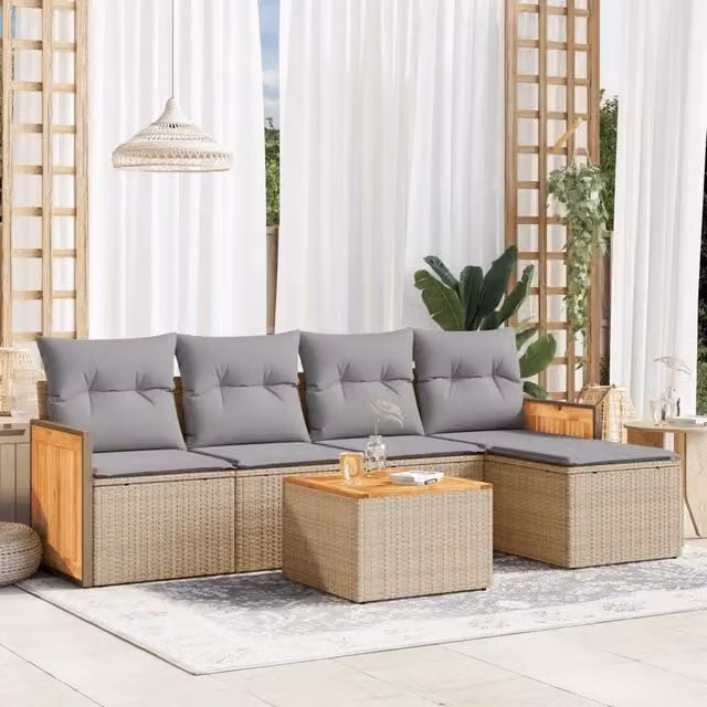 Set Divano da Giardino a L VIDAXL in Polyrattan con Cuscini Beige e Grigio, 6 Pezzi