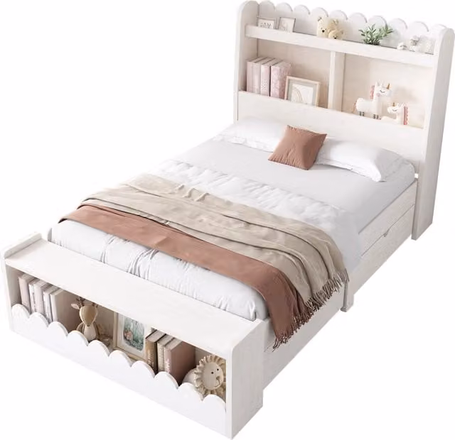 Letto singolo per bambini con 2 cassetti, ripiani e panca contenitore, bianco e beige, L/P: 90 x 190 cm – 1