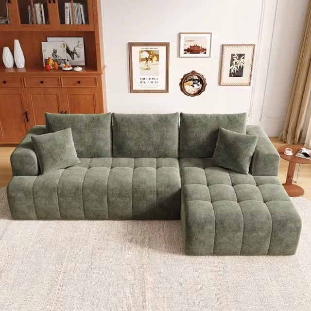 Divano angolare modulare 3-4 posti configurabile a L con 2 cuscini design basso in ciniglia verde