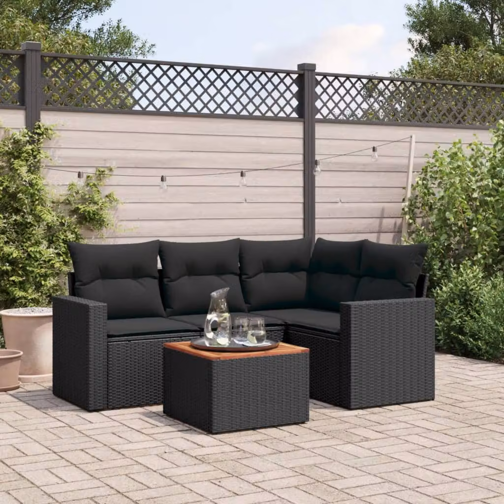 vidaXL Set Divani da Giardino 5 pz a Forma a L con Polyrattan e Cuscini, Nero e Marrone – 1