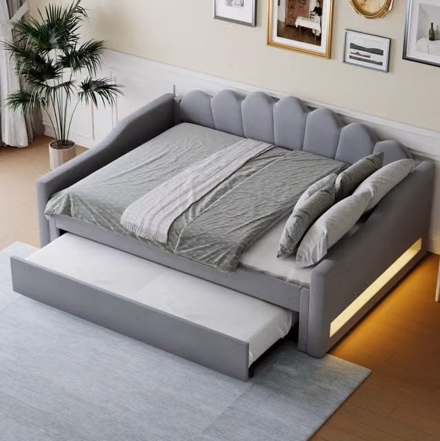 Letto da giorno imbottito 140x200 cm con letto estraibile e LED; grigio