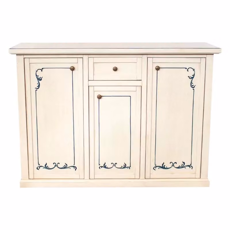 Madia credenza shabby chic Mobili 2G con 3 porte e 1 cassetto, bianco anticato con decori blu, L: 120 cm, P: 39 cm, H: 85 cm