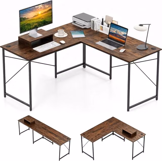 Scrivania computer L 240 cm angolare convertibile supporto monitor, Tavolo ufficio 2 persone metallo robusto lavoro gioco Marrone