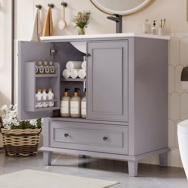 Mobile bagno freestanding WISHDOR moderno in MDF e legno con ante e cassetti, grigio, L: 76 cm, P: 46 cm, H: 87 cm