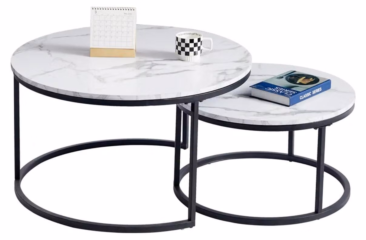 Set di tavolini rotondi - Tavolino da salotto 2-in-1 - Set di tavolini, salvaspazio - Piano del tavolo con effetto marmo - Ø 60 cm + Ø 40 cm - Marrone cioccolato
