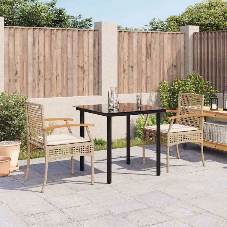 Set da Pranzo da Giardino 3 pz vidaXL in Polyrattan e Legno di Acacia con Cuscini Beige e Tavolo in Vetro