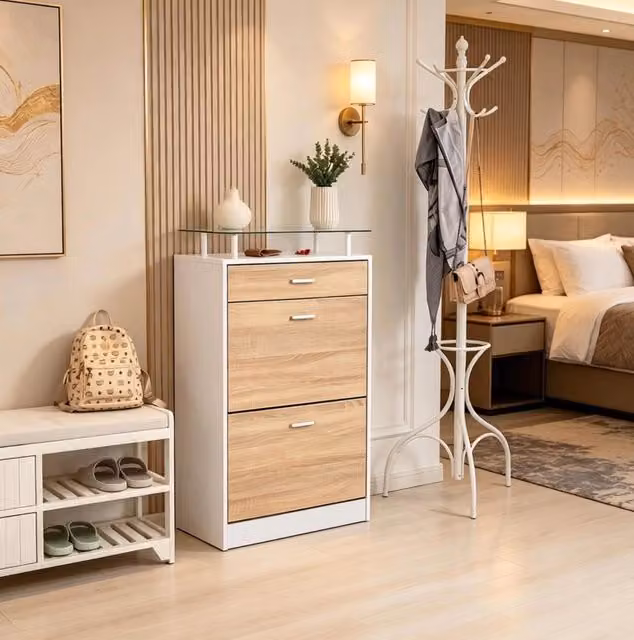 Armadio Contemporaneo per Scarpe con Ripiani in Vetro, 60x24x105,5 cm, Rovere Chiaro e Bianco