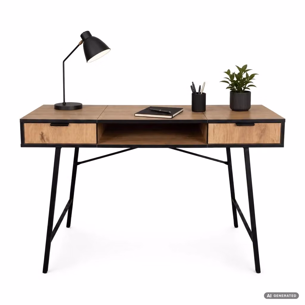 Scrivania industriale per computer AKORD FURNITURE FACTORY in finitura rovere e nero, L: 120 cm, P: 80,5 cm, H: 50 cm – 2