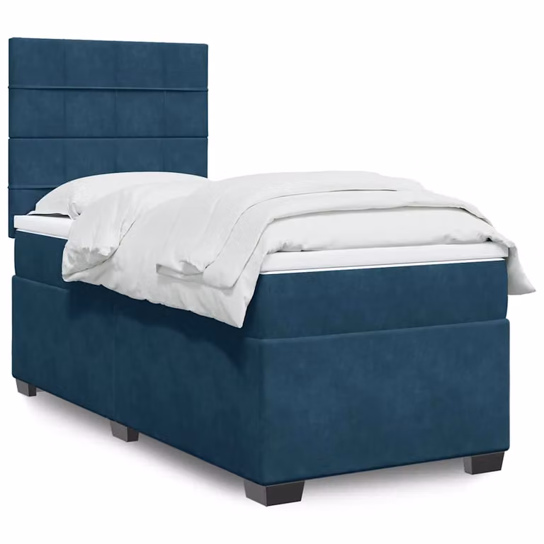 vidaXL Giroletto a Molle Ibrido con Materasso in Velluto Blu e Bianco L/P: 90 x 200 cm