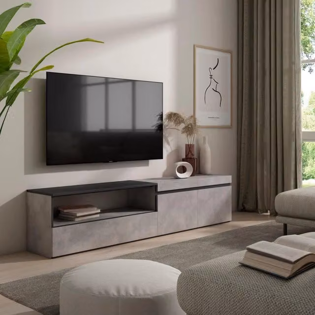 Mobile TV, 200x35x45cm, soggiorno, Per TV fino a 80", Mobile Soggiorno, grigio cemento RF2214