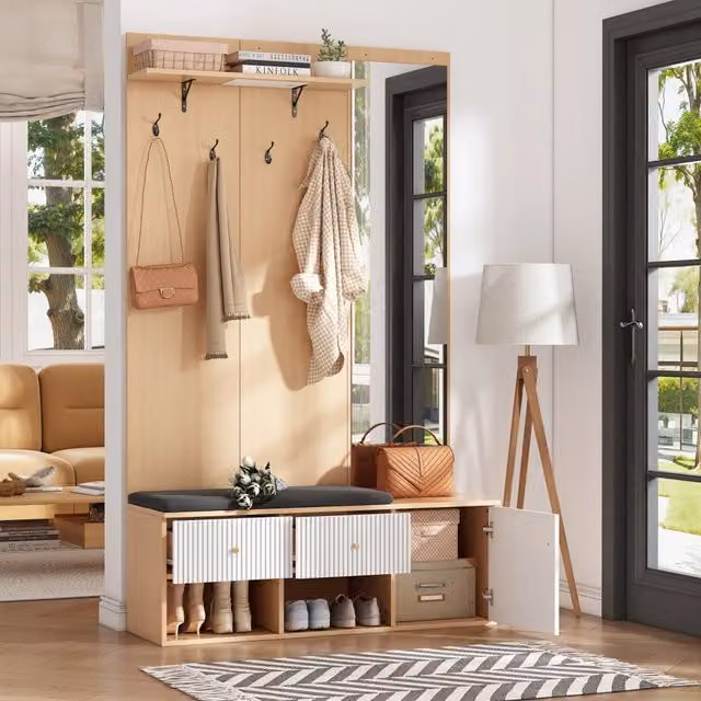 Set guardaroba in legno 120x40x200 cm, appendiabiti con specchio, panca scarpe imbottita, scarpiera, cassetto, ripiano e ganci, colore legno + bianco