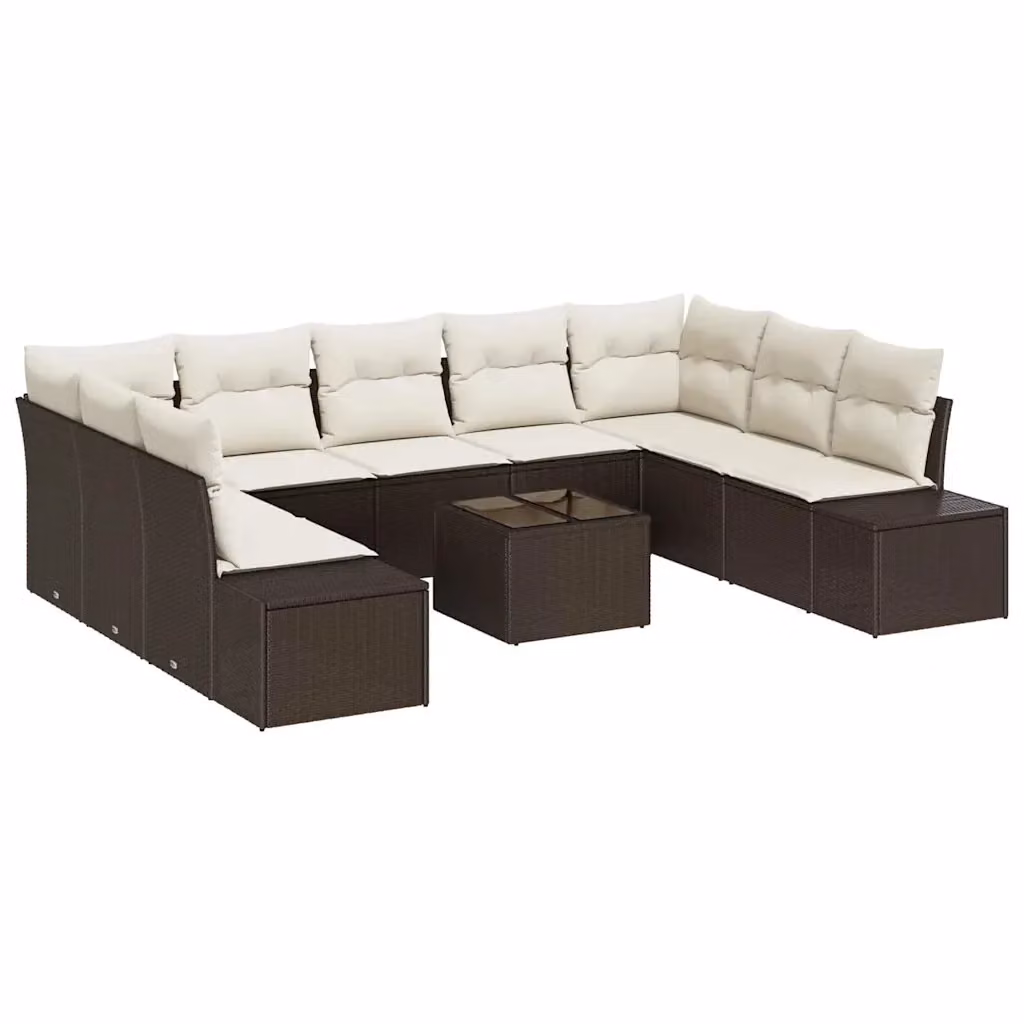 Set Divano da Giardino vidaXL a forma a U in Polyrattan Marrone e Beige con Cuscini e Tavolino da Esterno – 2