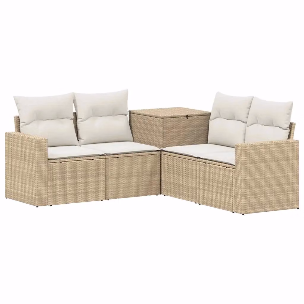 Set di divani da giardino a forma di L con poltrona e pouf vidaXL in polyrattan beige e bianco con cuscini inclusi – 2