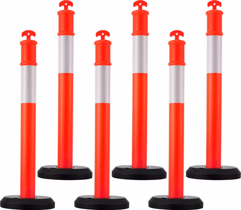 SucceBuy Set di 6 paletti di controllo del traffico (114 cm) con base riempibile e strisce riflettenti, paletti di segnalazione per cantieri, parcheggi e barriere di controllo della folla, rosso