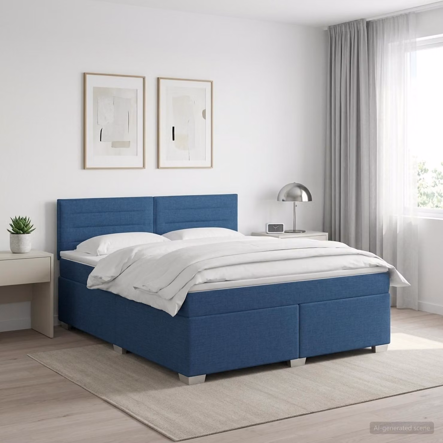 Letto box spring con materasso ibrido vidaXL in tessuto blu e bianco L/P: 140 x 190 cm