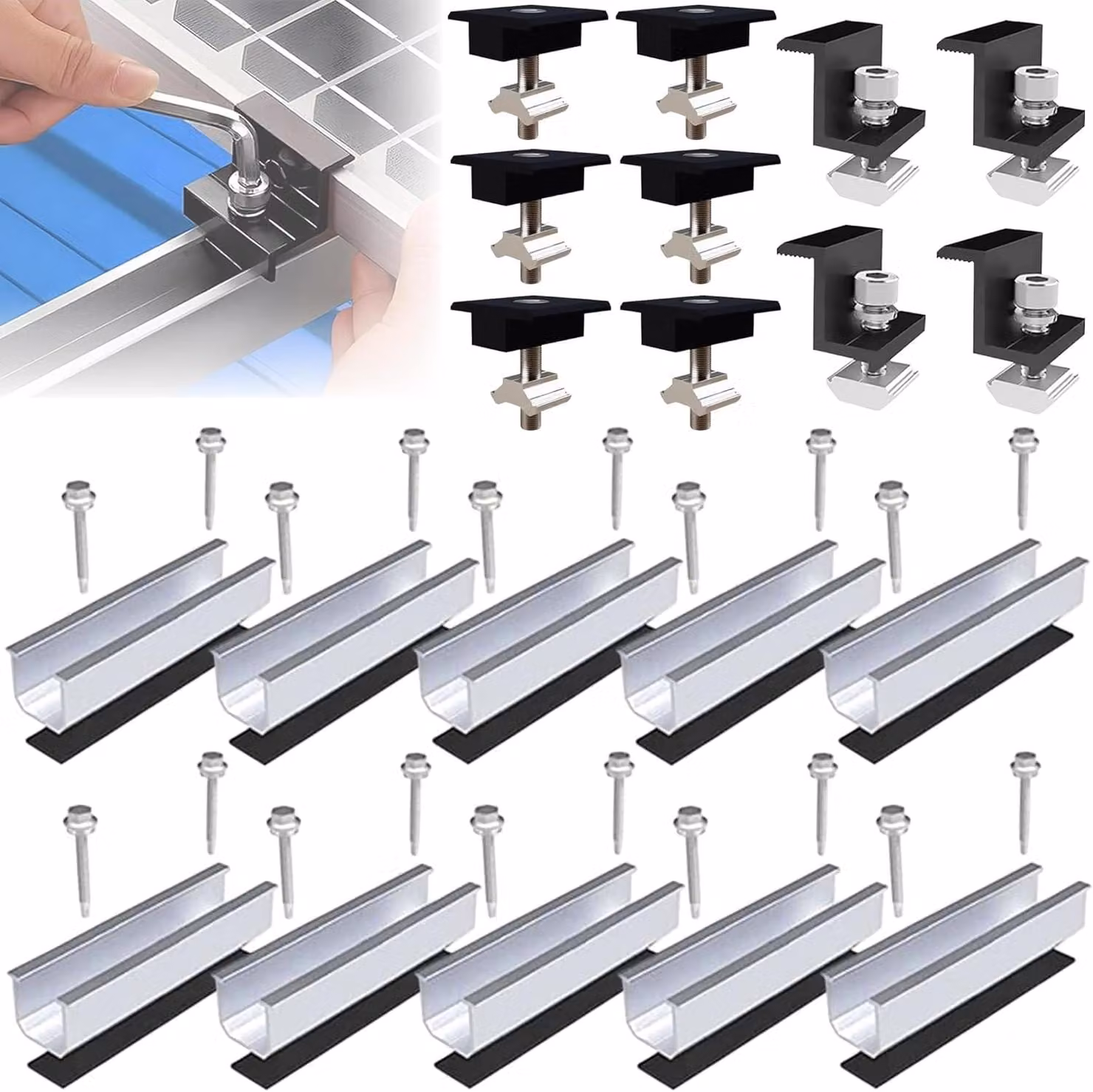 Kit di supporto per pannelli solari, per 4 moduli, adatto a tetti piani, in alluminio, colore nero
