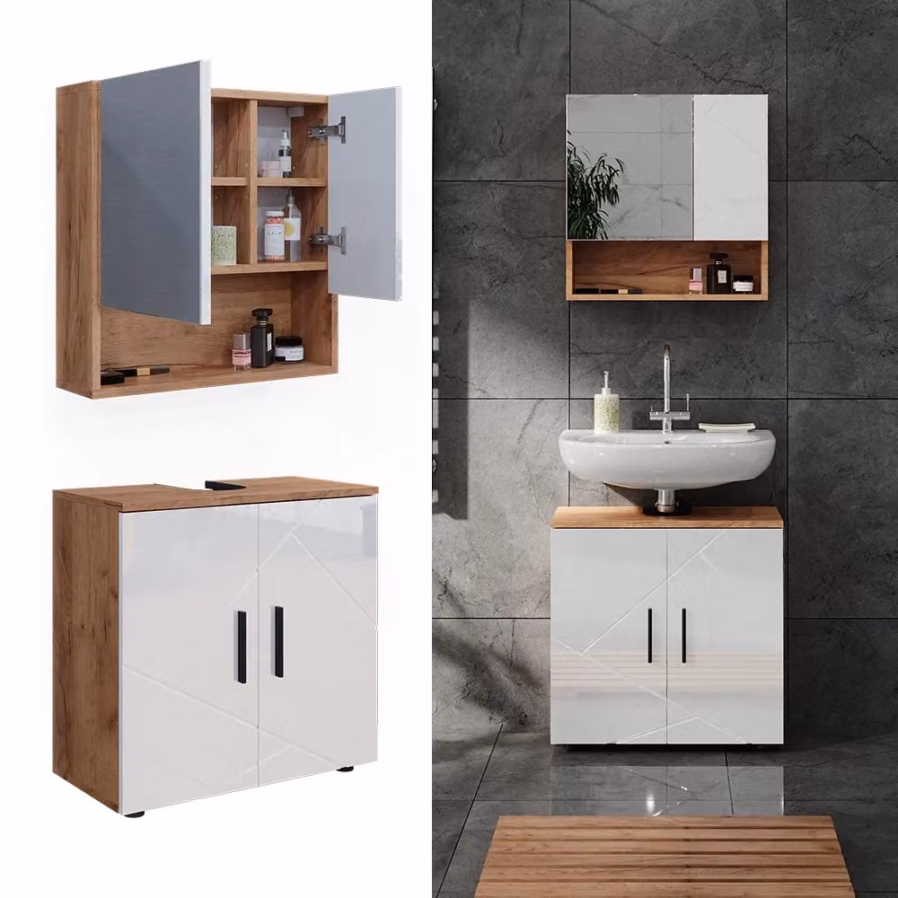 Set di mobili da bagno Vicco Irma composto da mobile lavabo e pensile con specchio, Bianco lucido e Rovere dorato, 2 pezzi – 2