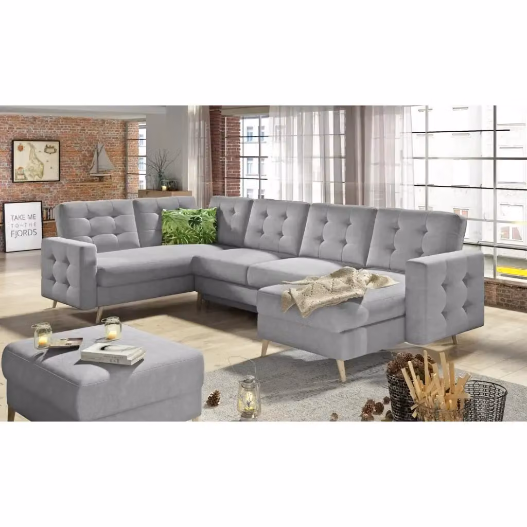 Divano angolare panoramico convertibile HASGARD MEUBLORAMA grigio con contenitore e funzione letto, L: 326 cm – 2