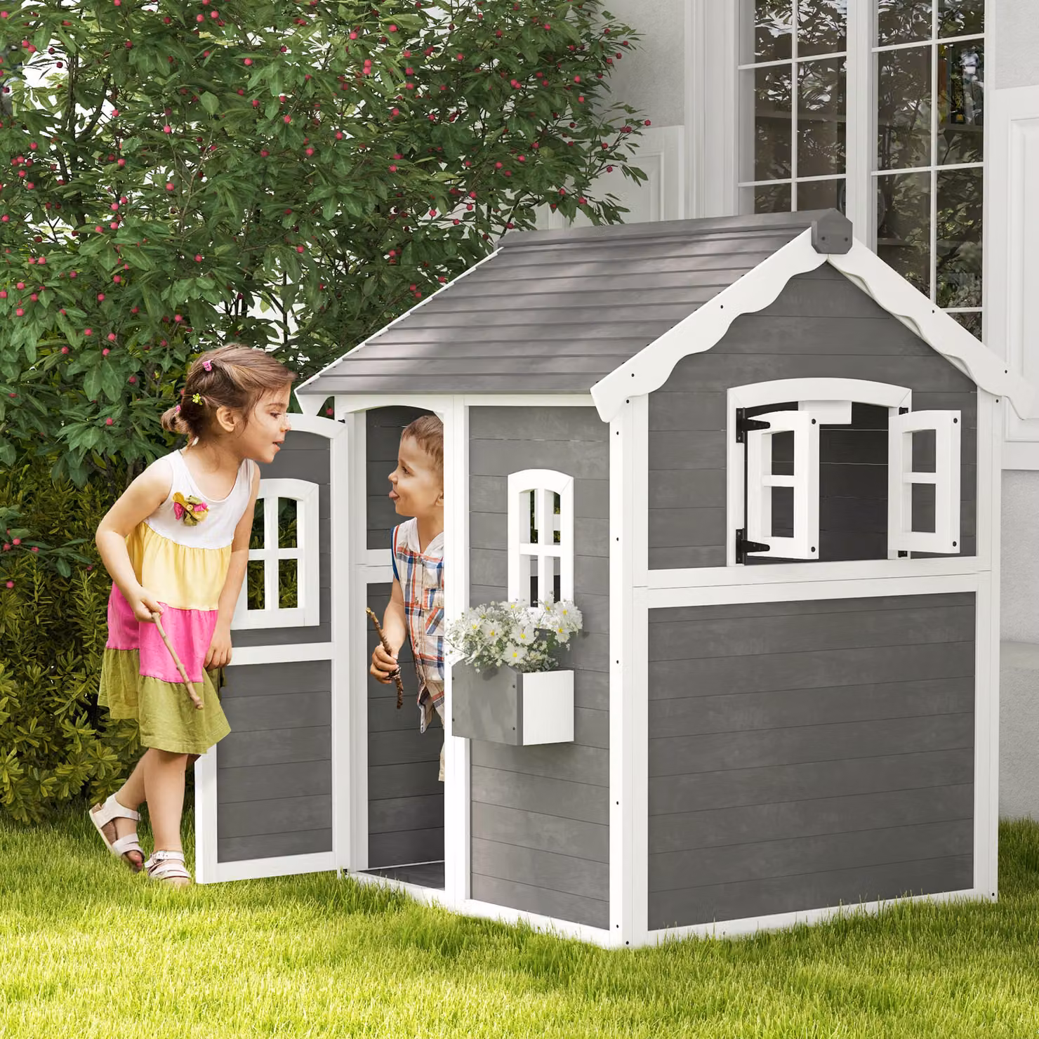 Casetta per bambini Outsunny in legno con porta, finestre e fioriera, Grigio – 2