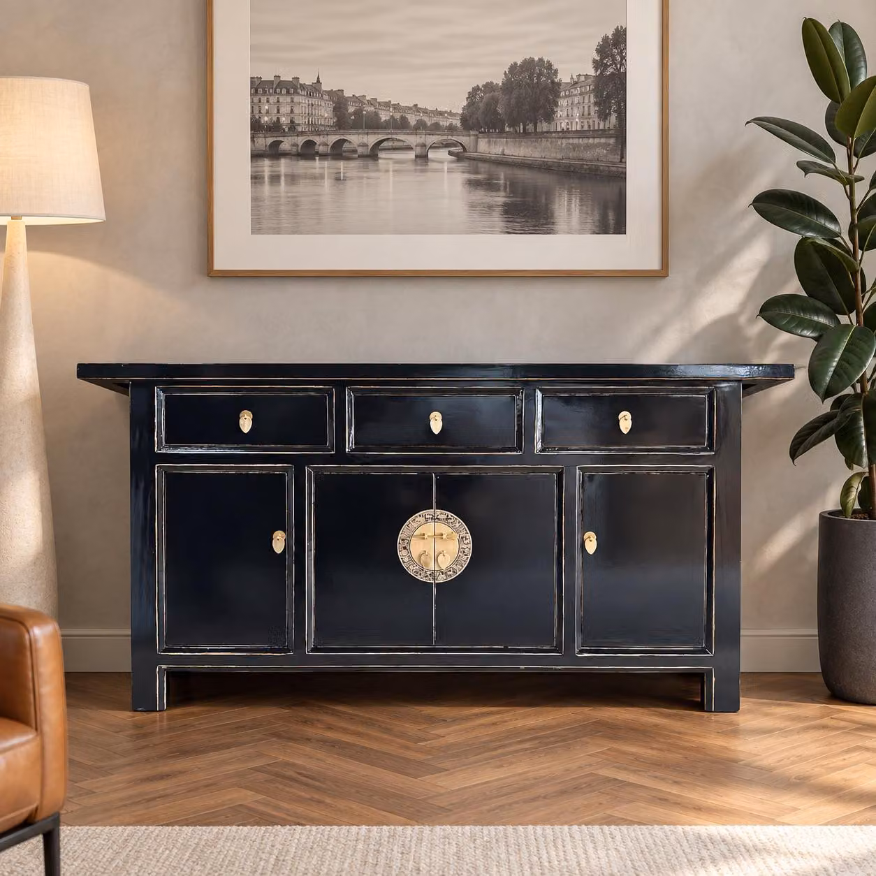 Credenza, mobile contenitore, basso mobile, stile asiatico, completo di montaggio, stile cinese, asiatico, orientale, colore nero, buffet, mobile da buffet, stile vintage