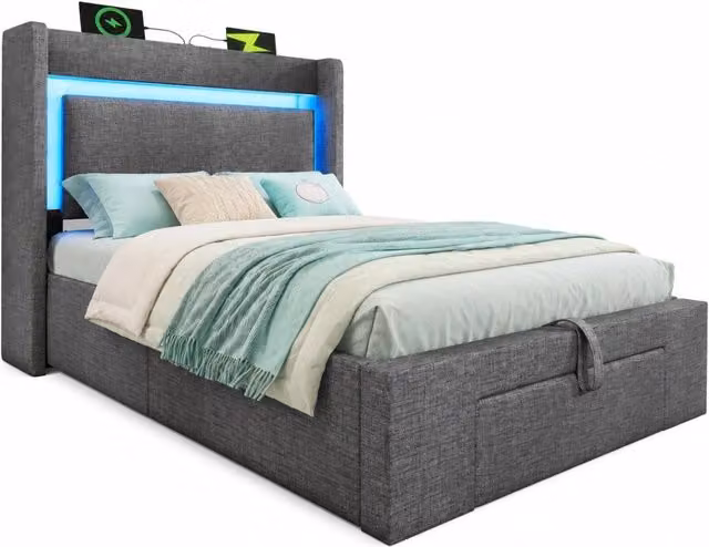 Letto singolo 90x200 cm con contenitore idraulico; LED; USB e USB-C; grigio