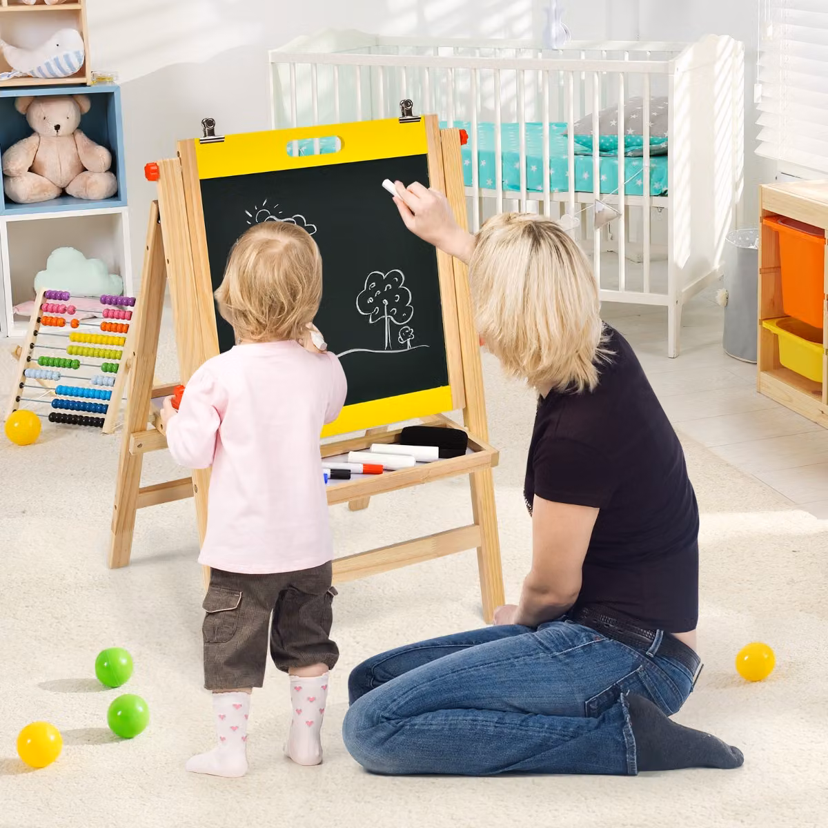 Cavalletto artistico pieghevole 3 in 1 per bambini Costway in legno Giallo con altezza regolabile e vassoio