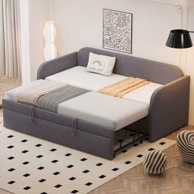 Letto Imbottito Estraibile ¨C MINIMAL ¨C Grigio, Tessuto Lino, Rete a Doghe, 90x190/180x190