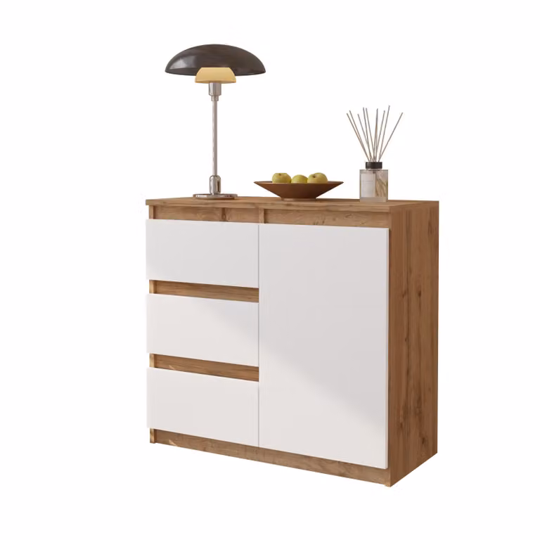 Cassettiera 80 Cm Rovere Wotan / Bianco Opaco, 3 Cassetti, 1 Anta, 1 Ripiano, Soggiorno