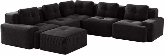 Divano modulare in velluto a coste nero con chaise longue, senza montaggio, tessuto morbido e resistente