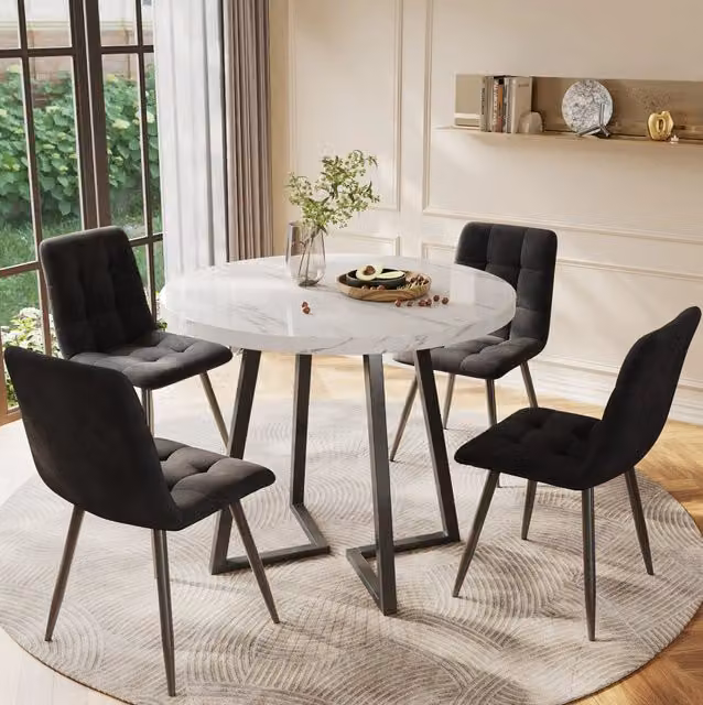 Set da pranzo moderno rotondo con tavolo diametro 80 cm e 4 sedie in velluto nero, piano in MDF bianco effetto marmo
