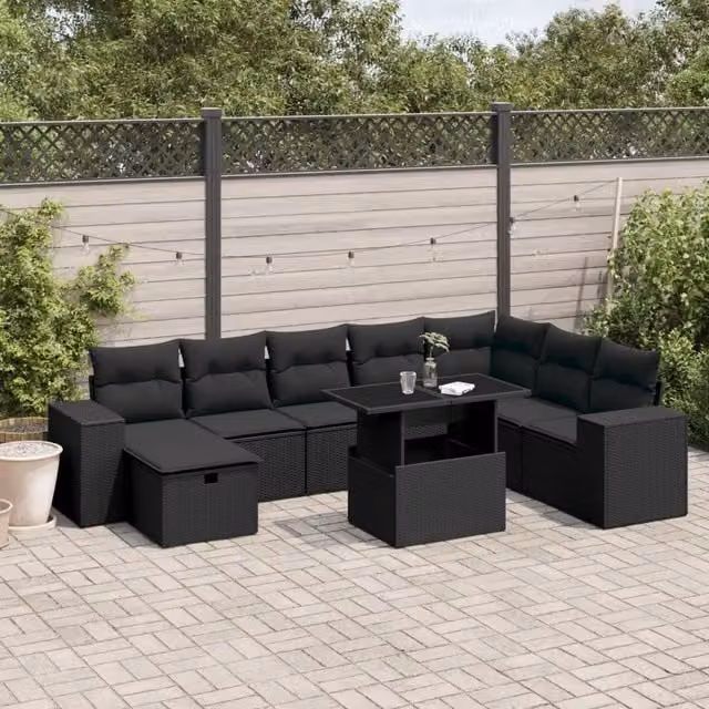 Set Divani da Giardino 9 pz con Cuscini Nero in Polyrattan 3275345